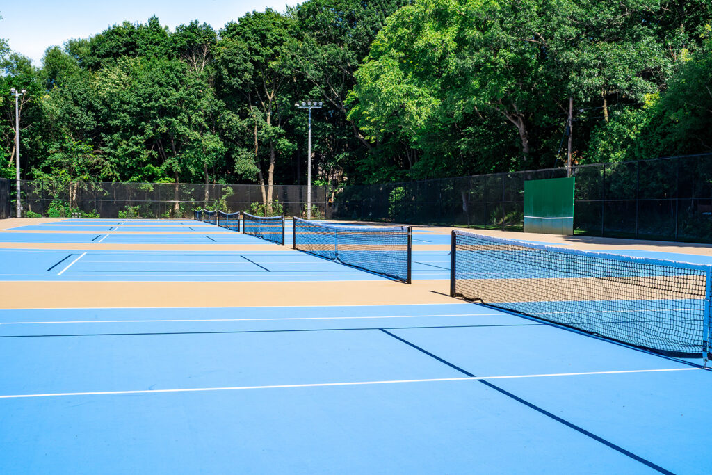 Blue tennis courts.