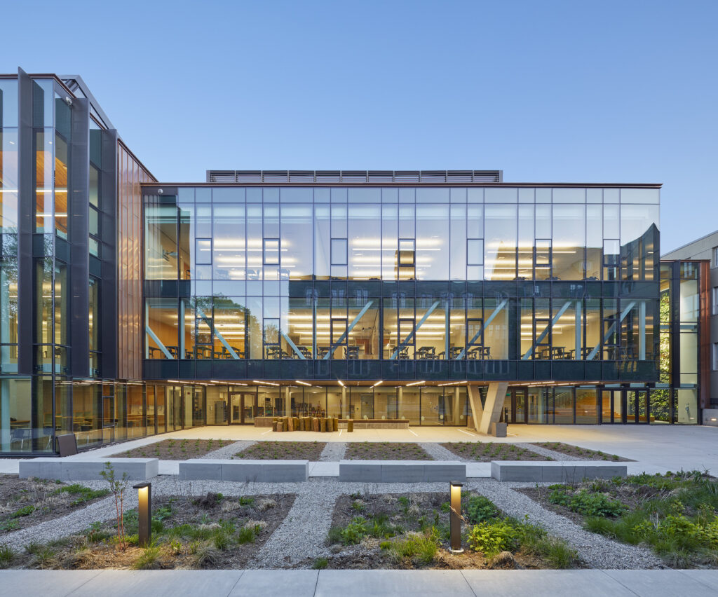 An exterior view of the Art, Design and Tech Wing and Simpson Family Garden.